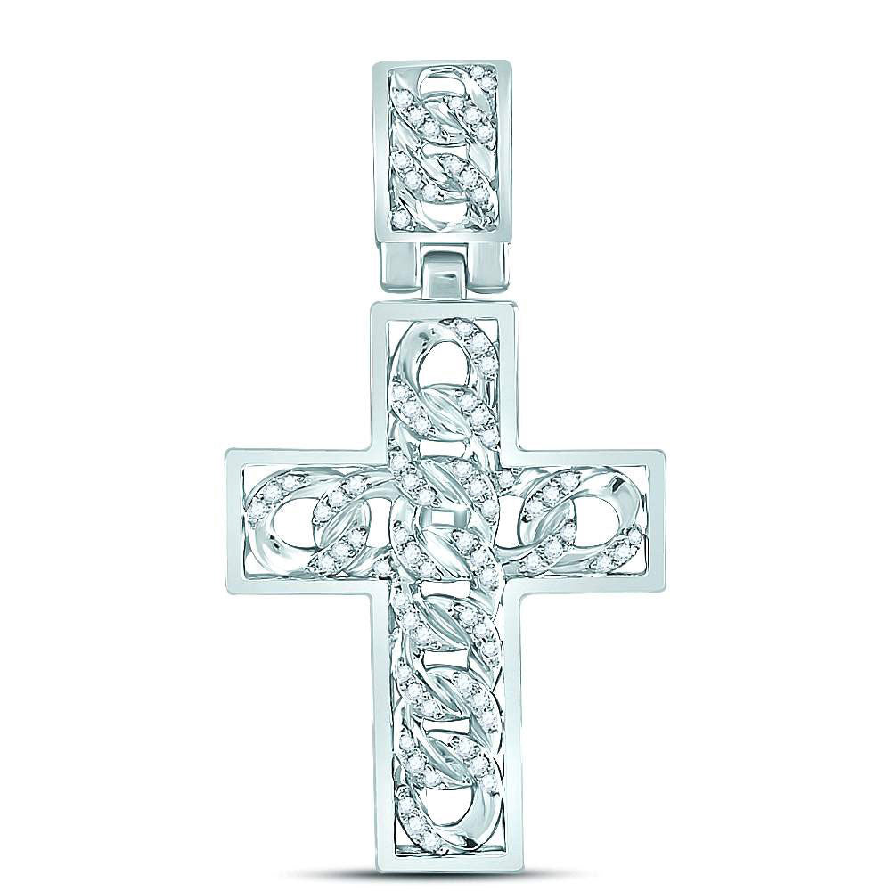 10kt White Gold Mens Round Diamond Curb Link Cross Charm Pendant 5/8 Cttw