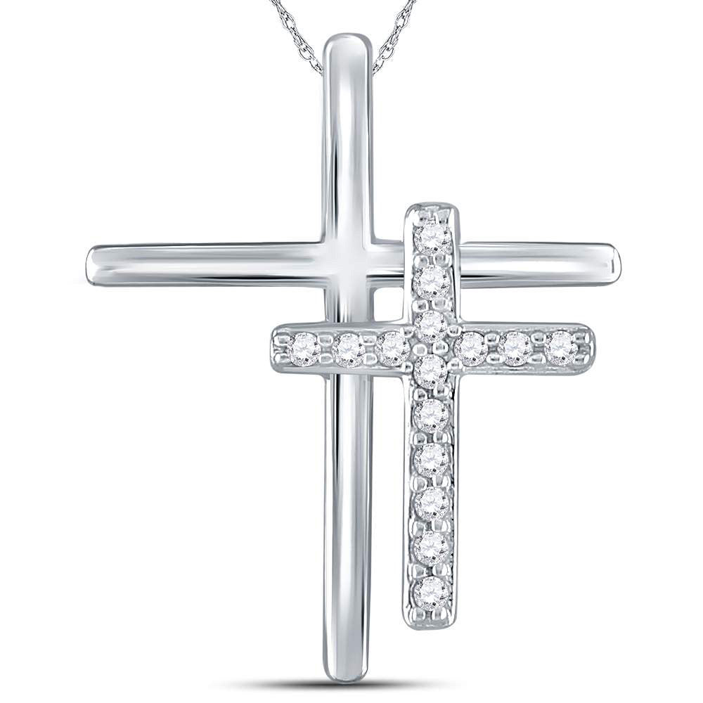 14kt White Gold Womens Round Diamond Double Cross Pendant 1/10 Cttw