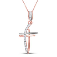 Load image into Gallery viewer, 14kt Rose Gold Womens Round Diamond Double Cross Pendant 1/10 Cttw
