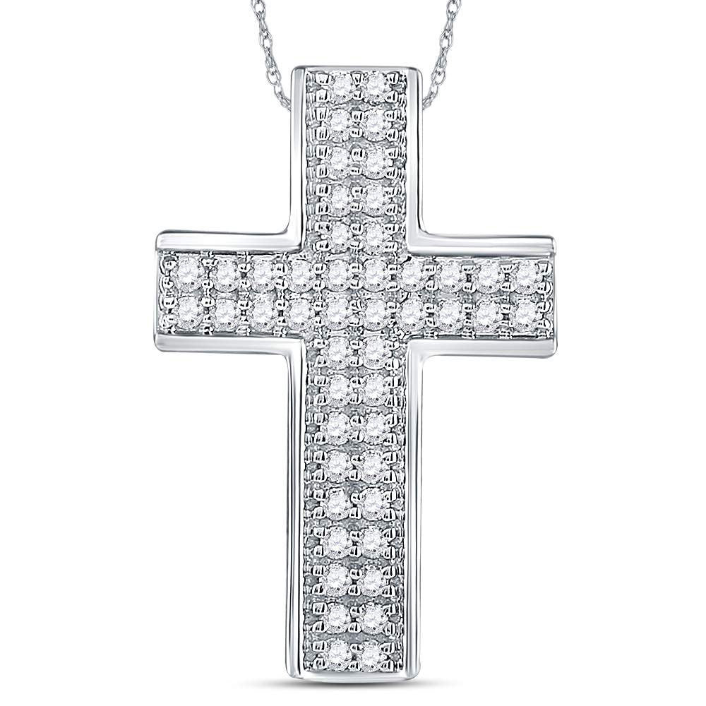 14kt White Gold Womens Round Diamond Cross Pendant 1/2 Cttw
