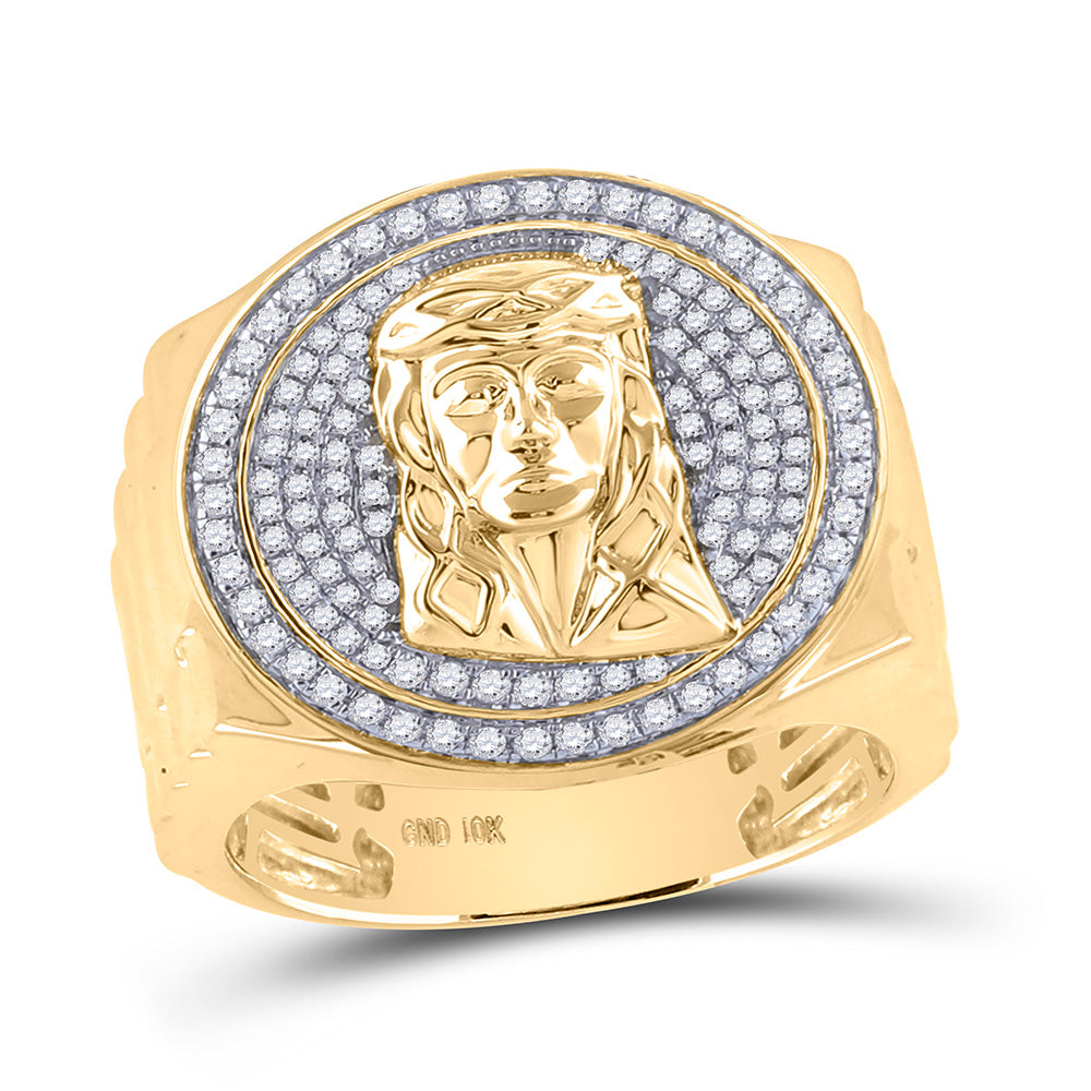 10kt Yellow Gold Mens Round Diamond Jesus Face Circle Ring 5/8 Cttw