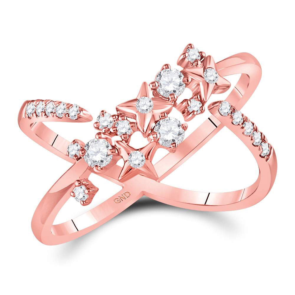 14kt Rose Gold Womens Round Diamond Fashion Starburst Band Ring 3/8 Cttw