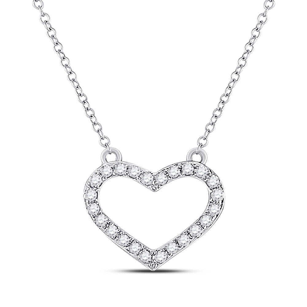 10kt White Gold Womens Round Diamond Heart Necklace 1/6 Cttw