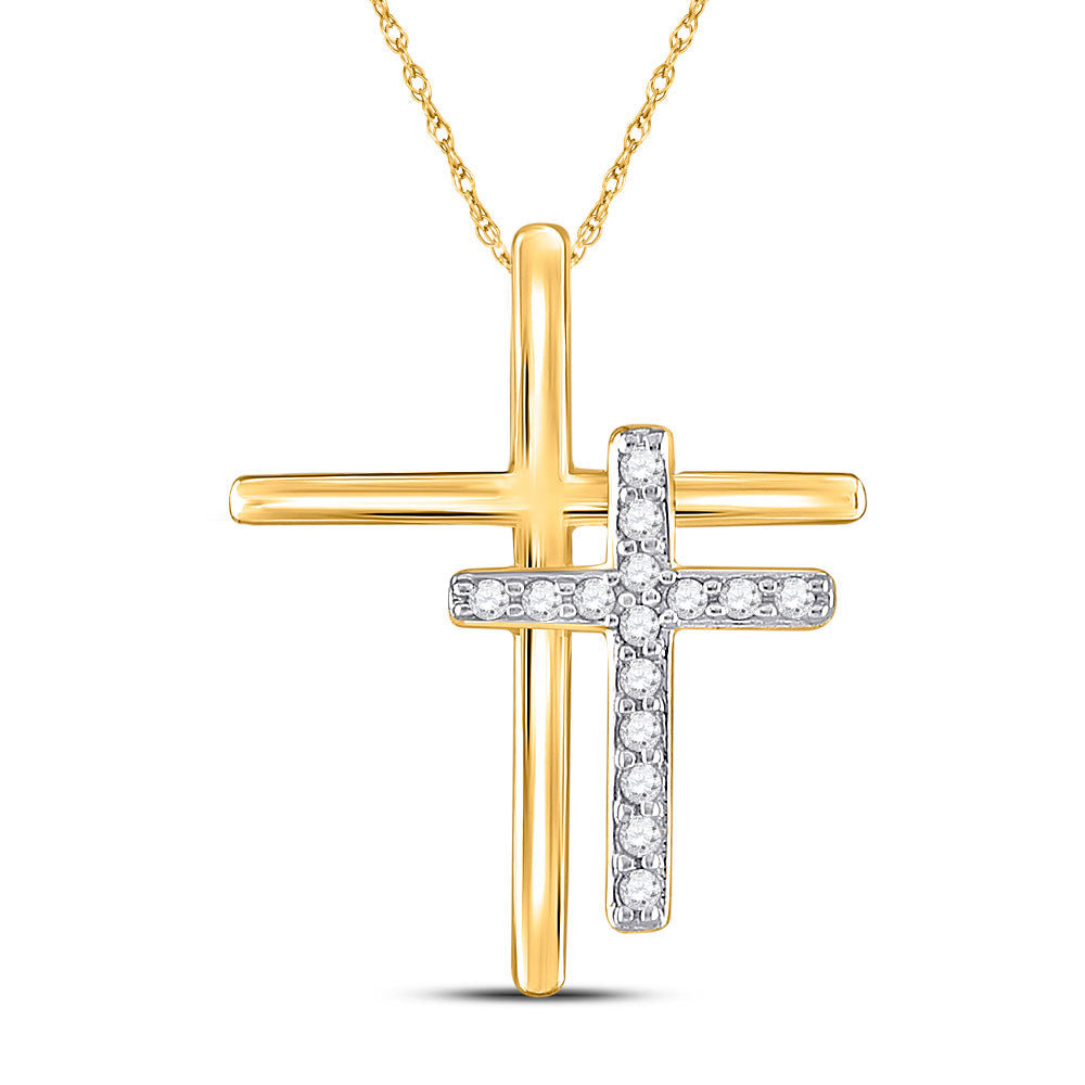 10kt Yellow Gold Womens Round Diamond Double Cross Pendant 1/10 Cttw