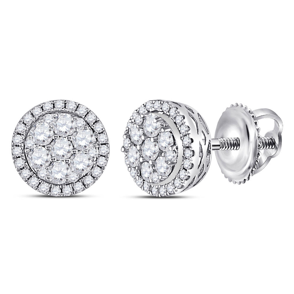14kt White Gold Womens Round Diamond Flower Halo Cluster Earrings 1/2 Cttw