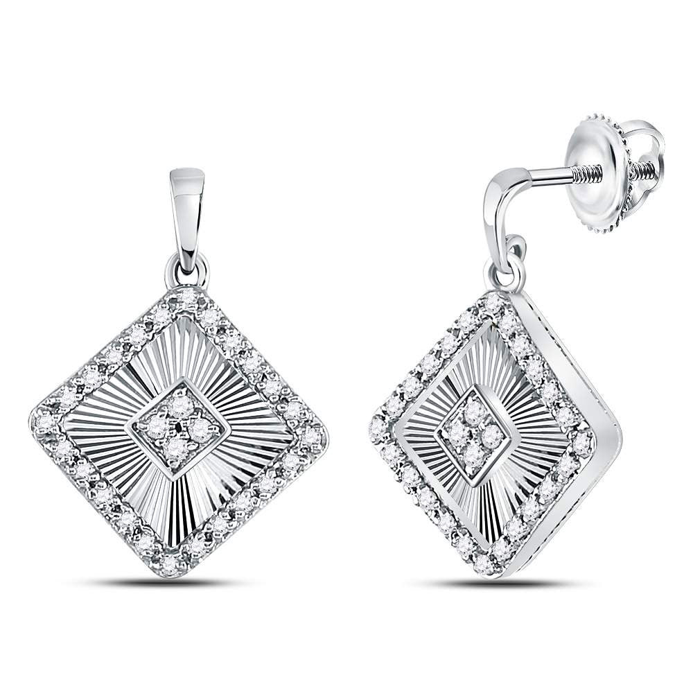 10kt White Gold Womens Round Diamond Diagonal Square Dangle Earrings 1/5 Cttw