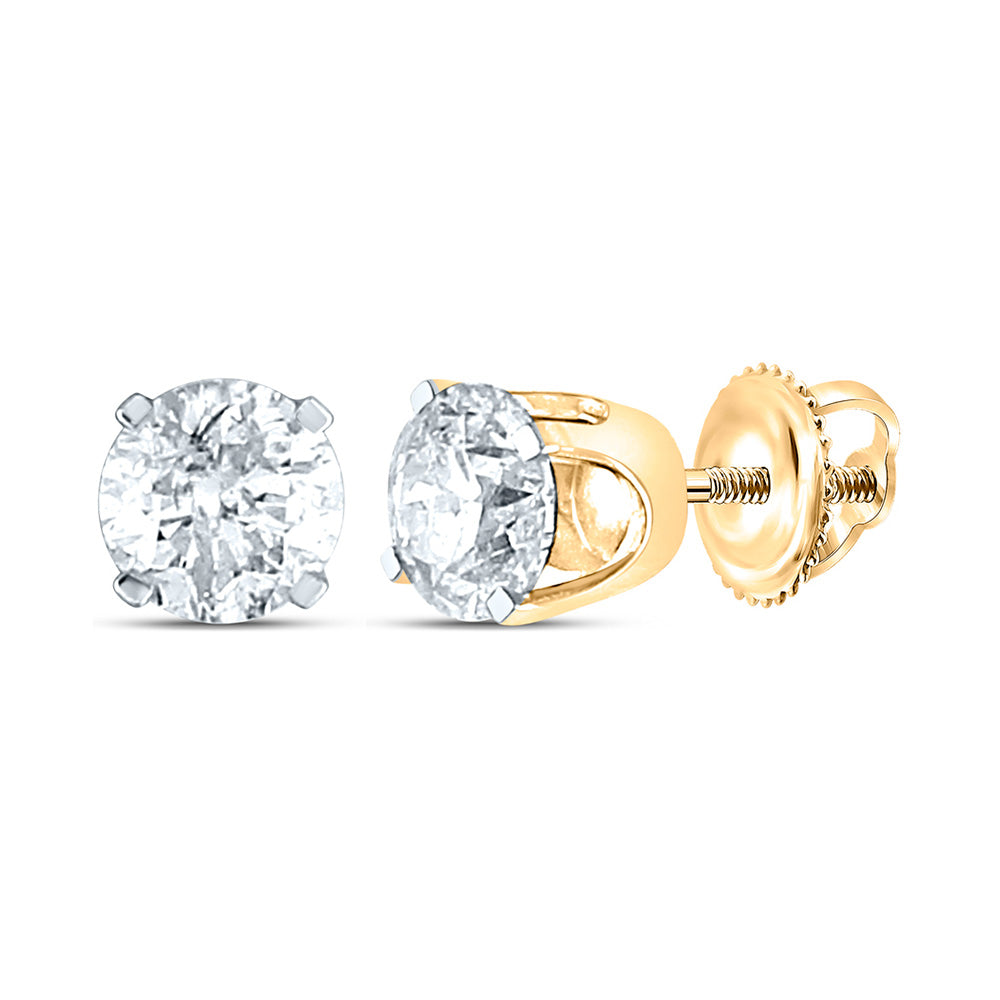 14kt Yellow Gold Unisex Round Diamond Solitaire Stud Earrings 1 Cttw