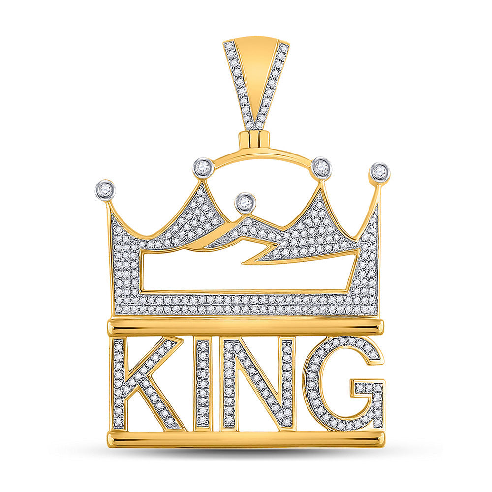 10kt Yellow Gold Mens Round Diamond King Phrase Charm Pendant 7/8 Cttw