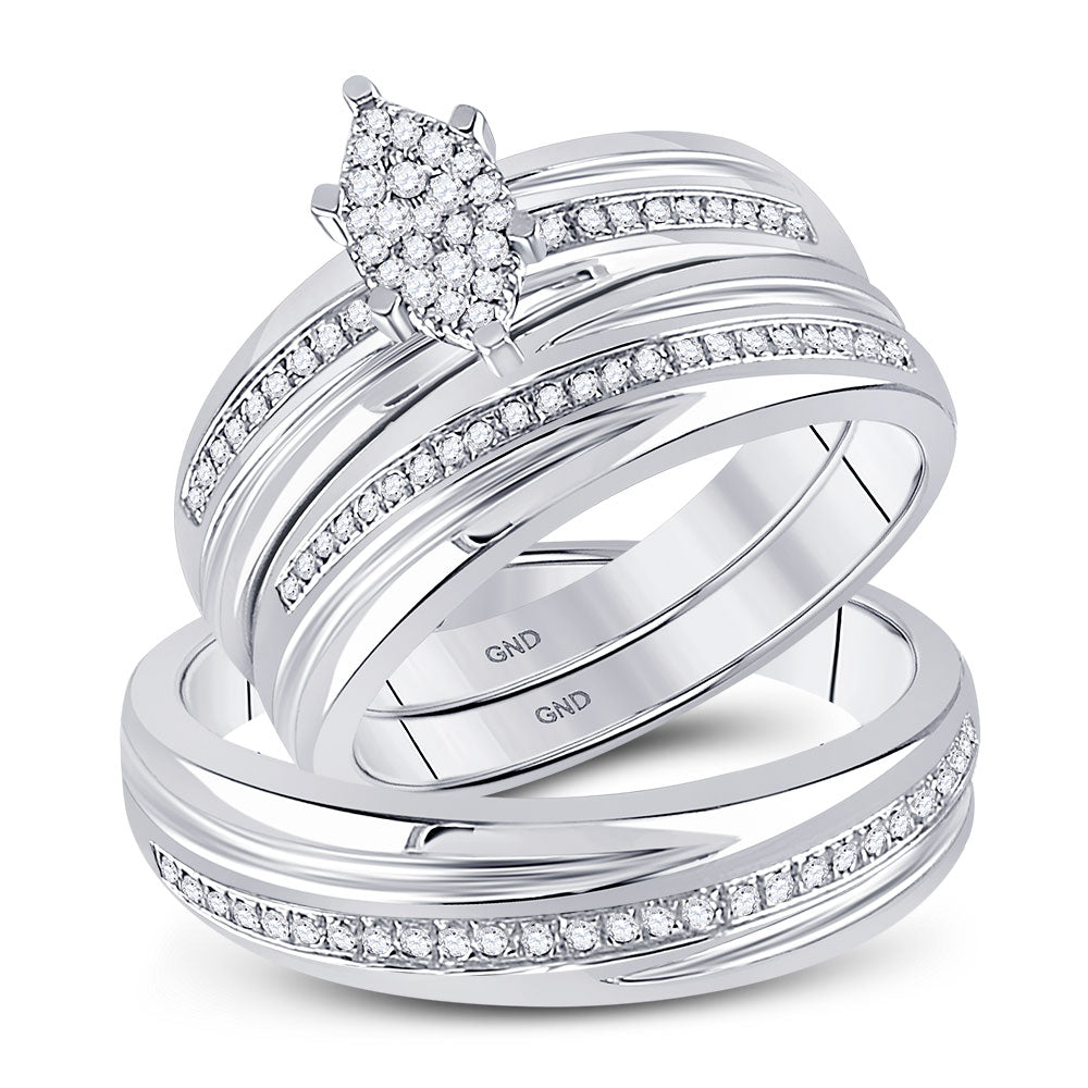 10kt White Gold His Hers Round Diamond Cluster Matching Wedding Set 1/4 Cttw