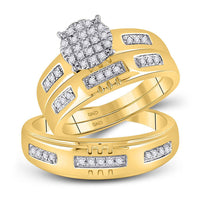 Load image into Gallery viewer, 10kt Yellow Gold His Hers Round Diamond Cluster Matching Wedding Set 1/3 Cttw
