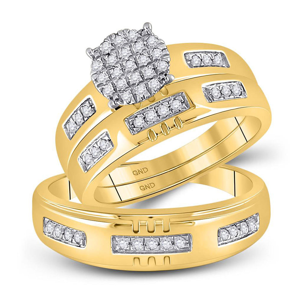 10kt Yellow Gold His Hers Round Diamond Cluster Matching Wedding Set 1/3 Cttw
