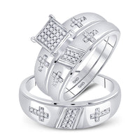 Load image into Gallery viewer, 10kt White Gold His Hers Round Diamond Cross Matching Wedding Set 1/12 Cttw
