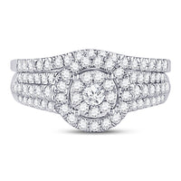 Load image into Gallery viewer, 14kt White Gold Round Diamond Cluster Halo Bridal Wedding Ring Band Set 1 Cttw
