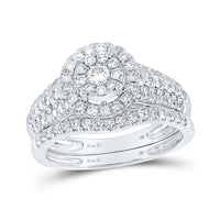 Load image into Gallery viewer, 14kt White Gold Round Diamond Cluster Halo Bridal Wedding Ring Band Set 1 Cttw
