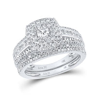 Load image into Gallery viewer, 14kt White Gold Round Diamond Square Halo Bridal Wedding Ring Band Set 1 Cttw
