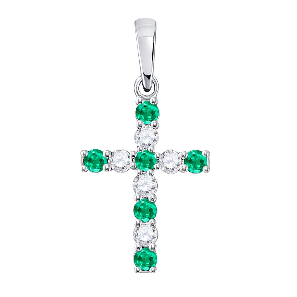 10kt White Gold Womens Round Synthetic Emerald Cross Pendant 1/3 Cttw