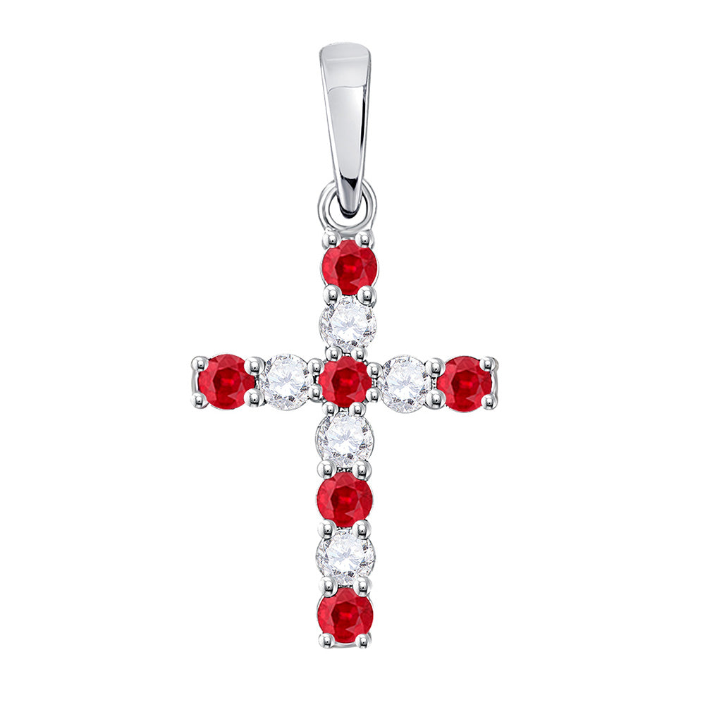 10kt White Gold Womens Round Synthetic Ruby Faith Cross Pendant 3/8 Cttw