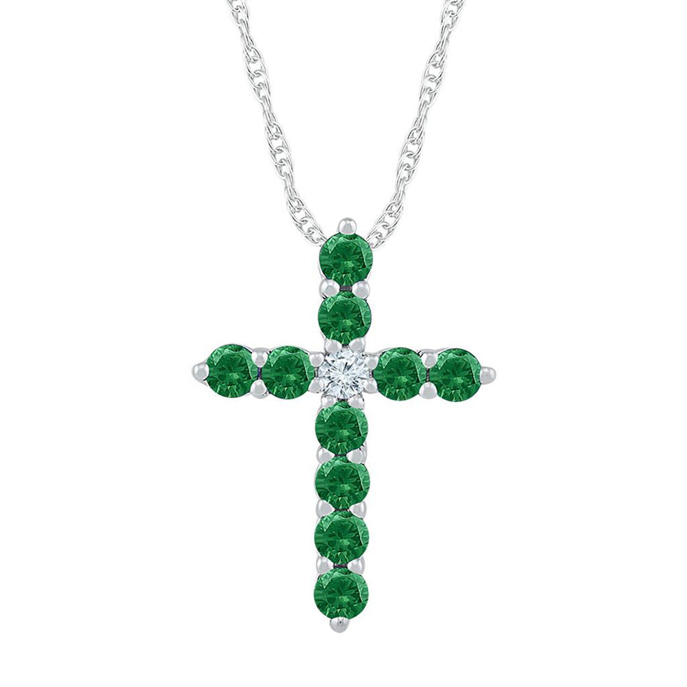10kt White Gold Womens Round Lab-Created Emerald Cross Pendant 5/8 Cttw