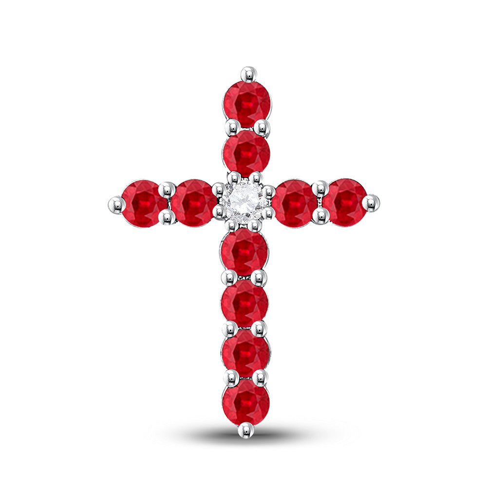 10kt White Gold Womens Round Synthetic Ruby Cross Pendant 7/8 Cttw