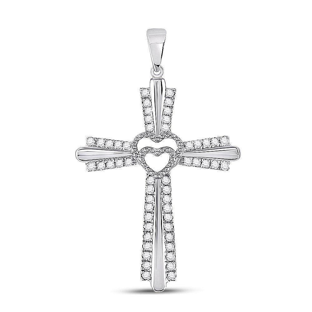 10kt White Gold Womens Round Diamond Heart Cross Pendant 1/4 Cttw