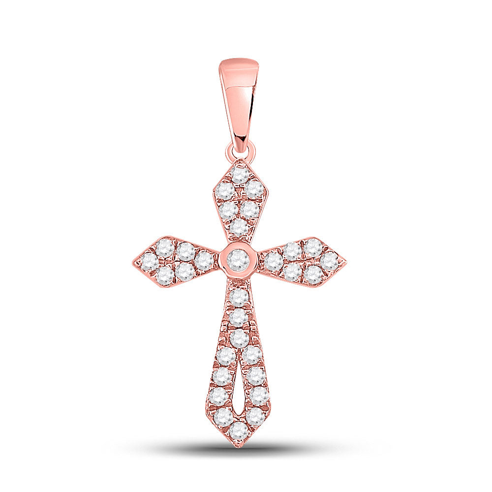 10kt Rose Gold Womens Round Diamond Gothic Cross Pendant 1/3 Cttw