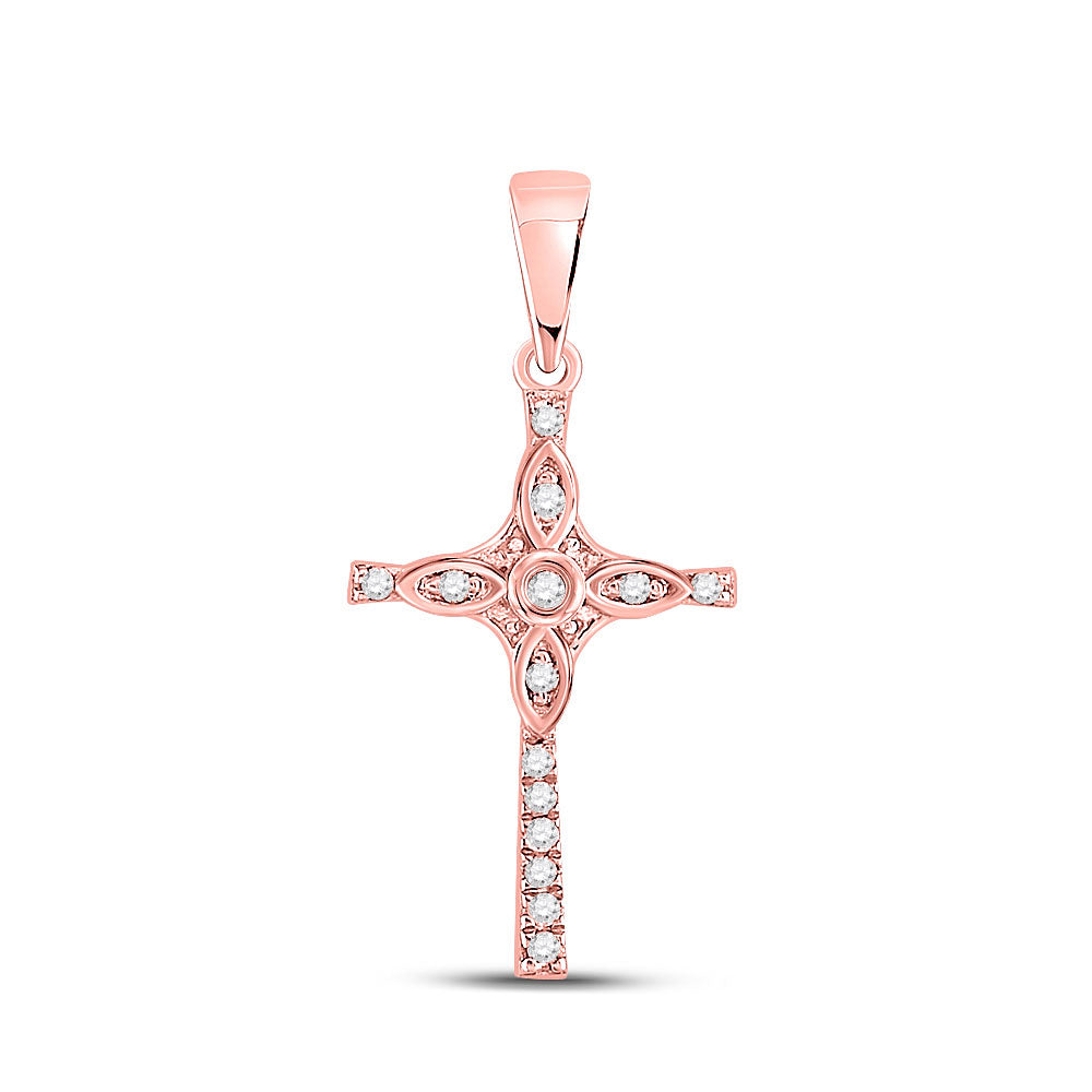 10kt Rose Gold Womens Round Diamond Faith Cross Pendant 1/12 Cttw