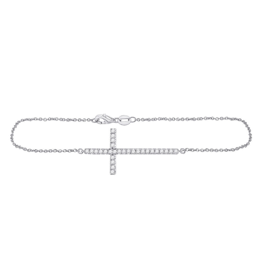 14kt White Gold Womens Round Diamond Horizontal Cross Bracelet 1/2 Cttw