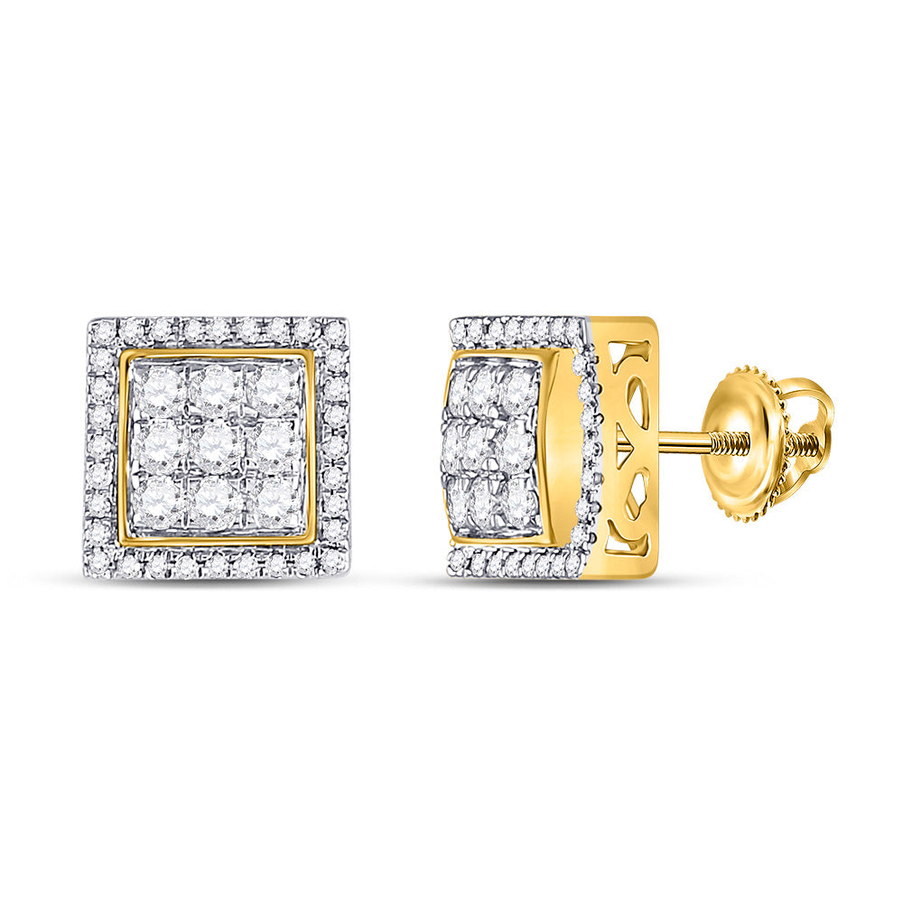 10kt Yellow Gold Mens Round Diamond Square Cluster Earrings 7/8 Cttw