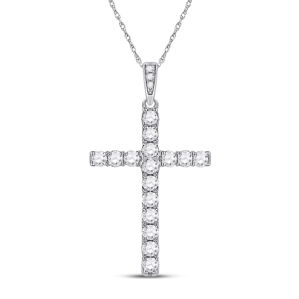 14kt White Gold Womens Round Diamond Cross Pendant 1/2 Cttw