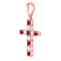 Load image into Gallery viewer, 10kt Rose Gold Womens Round Lab-Created Ruby Cross Pendant 3/8 Cttw
