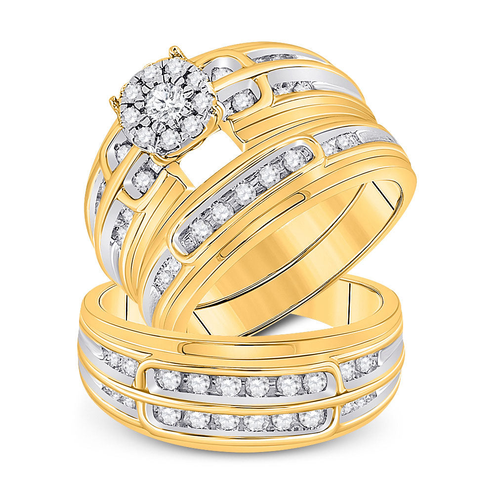 10kt Yellow Gold His Hers Round Diamond Halo Matching Wedding Set 7/8 Cttw