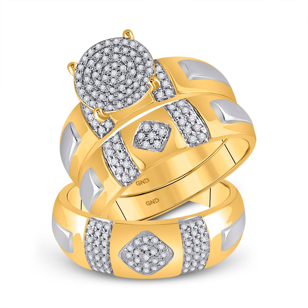 10kt Yellow Gold His Hers Round Diamond Cluster Matching Wedding Set 1/2 Cttw