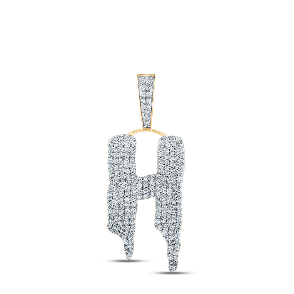 10kt Yellow Gold Mens Round Diamond Drip H Letter Charm Pendant 2-1/2 Cttw