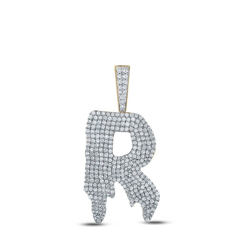 10kt Yellow Gold Mens Round Diamond Drip R Letter Charm Pendant 3 Cttw