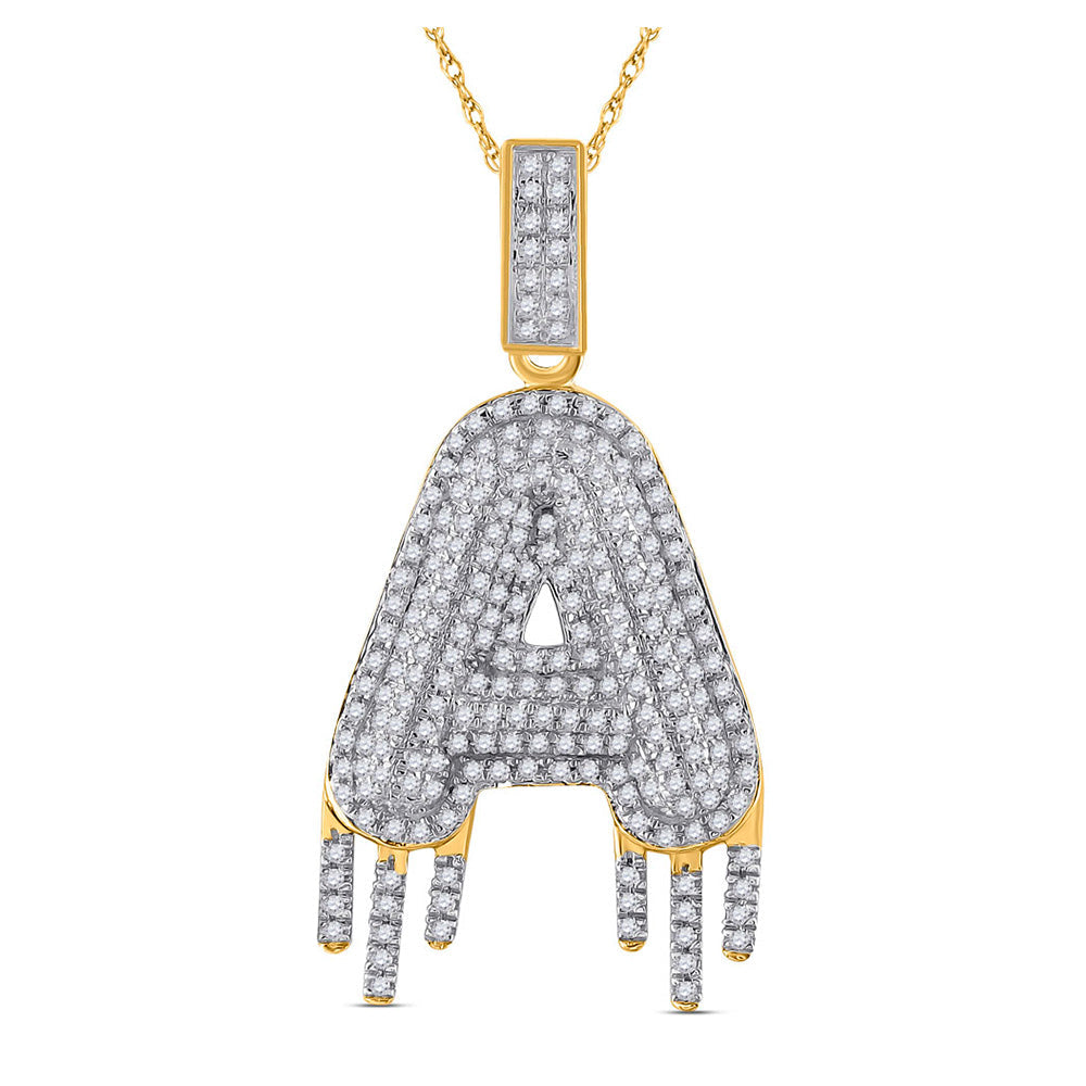 10kt Yellow Gold Mens Round Diamond Dripping Letter A Charm Pendant 3/4 Cttw