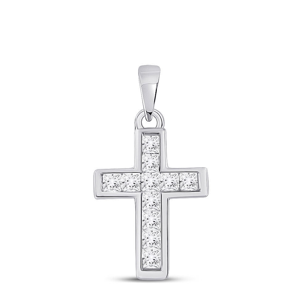 10kt White Gold Womens Princess Diamond Cross Pendant 1/4 Cttw