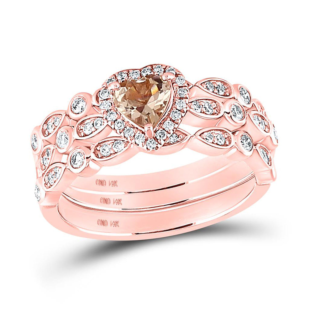 14kt Rose Gold Heart Morganite Heart Bridal Wedding Ring Band Set 7/8 Cttw