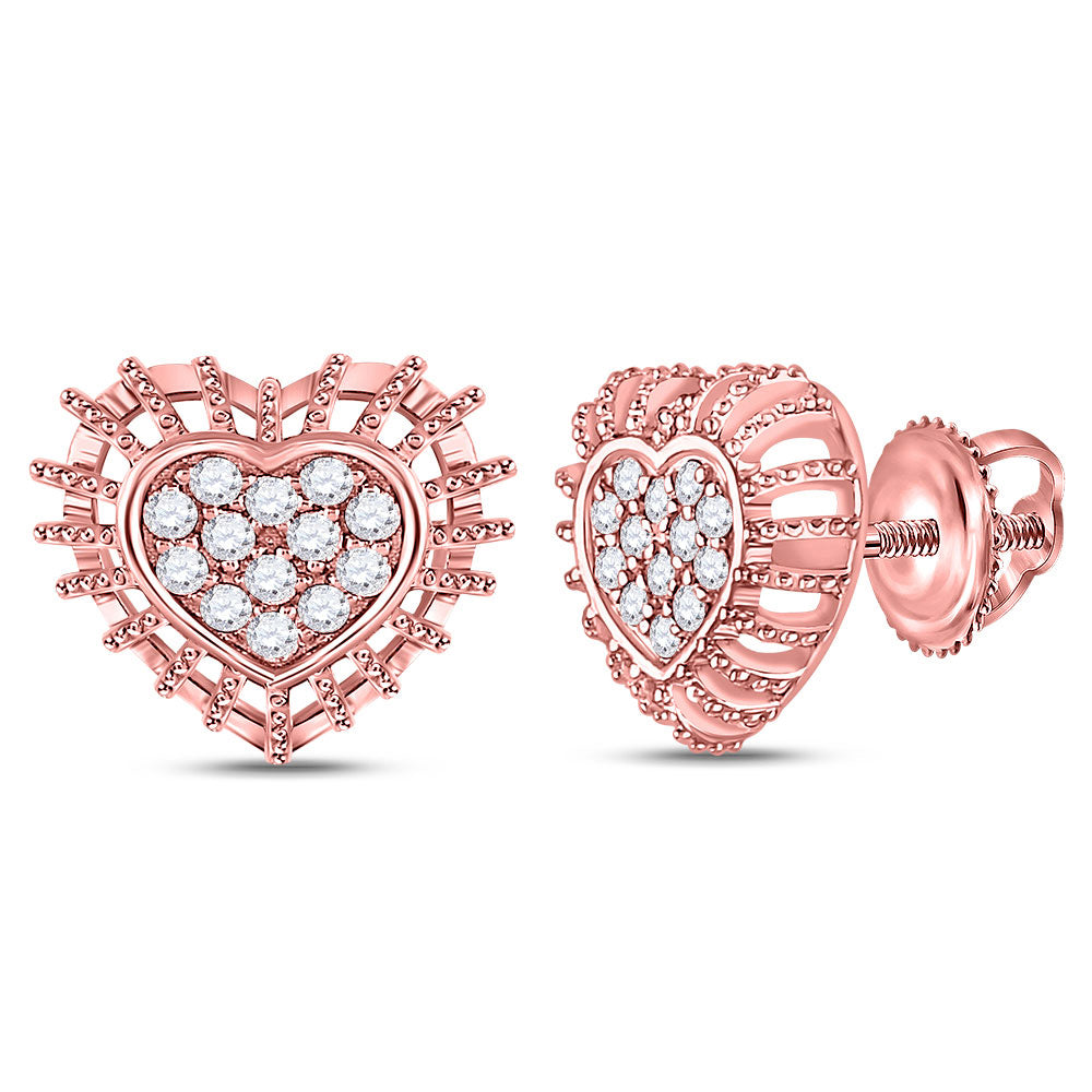10kt Rose Gold Womens Round Diamond Heart Earrings 1/4 Cttw