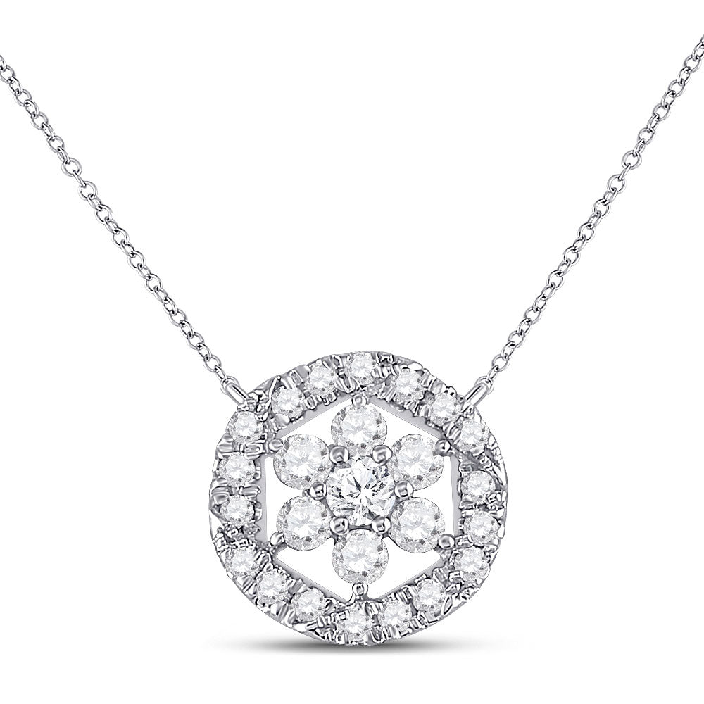 14kt White Gold Womens Round Diamond Floral Cluster Necklace 1/3 Cttw