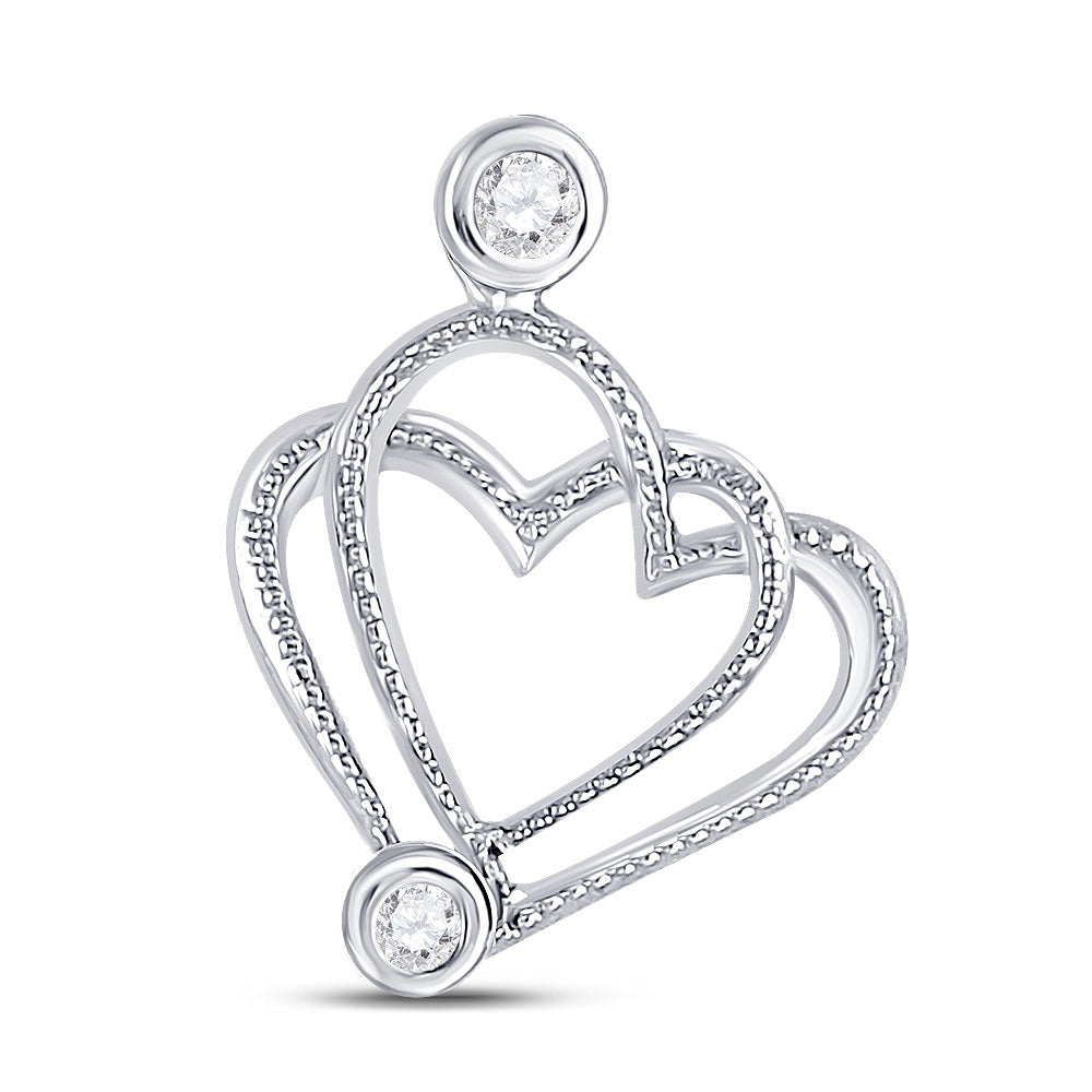 10kt White Gold Womens Round Diamond Double Heart Pendant .03 Cttw