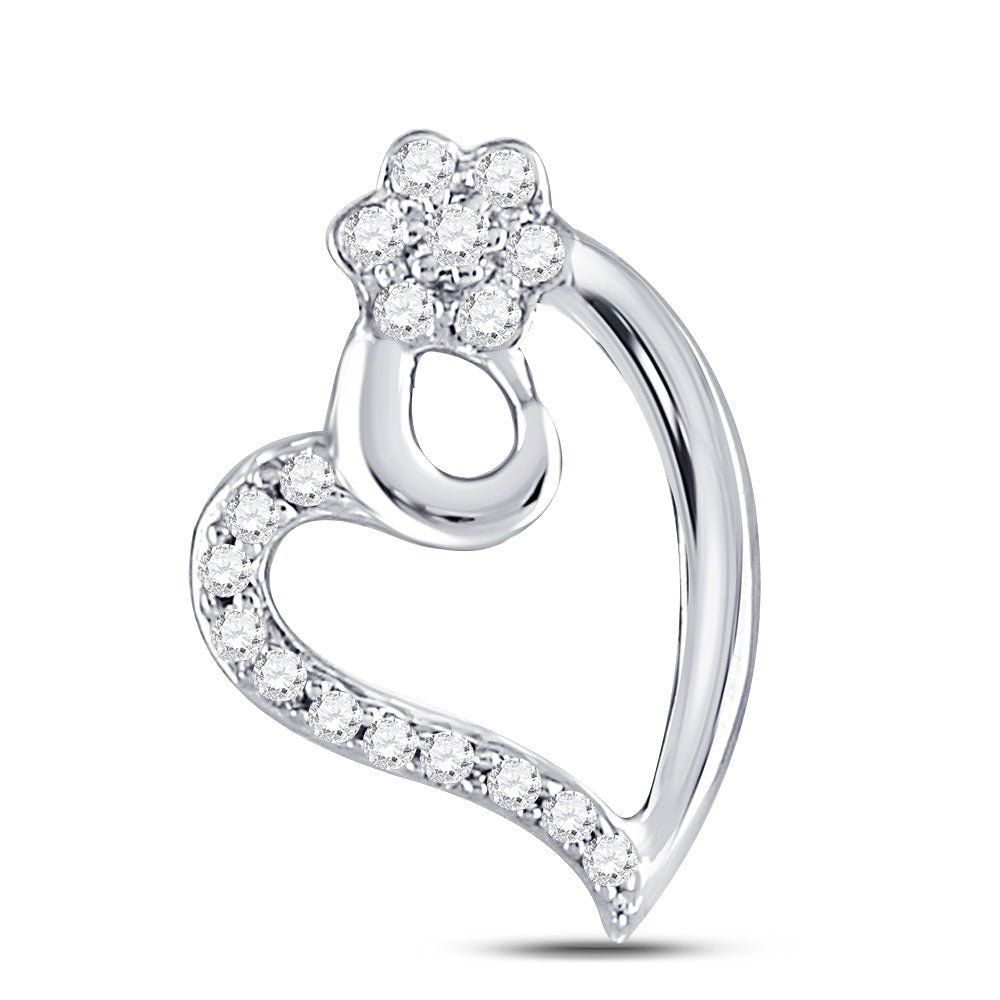 10kt White Gold Womens Round Diamond Floral Heart Pendant 1/10 Cttw