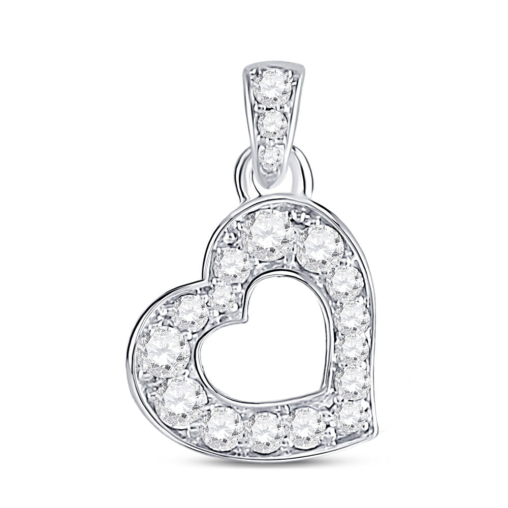 10kt White Gold Womens Round Diamond Heart Pendant 1/6 Cttw