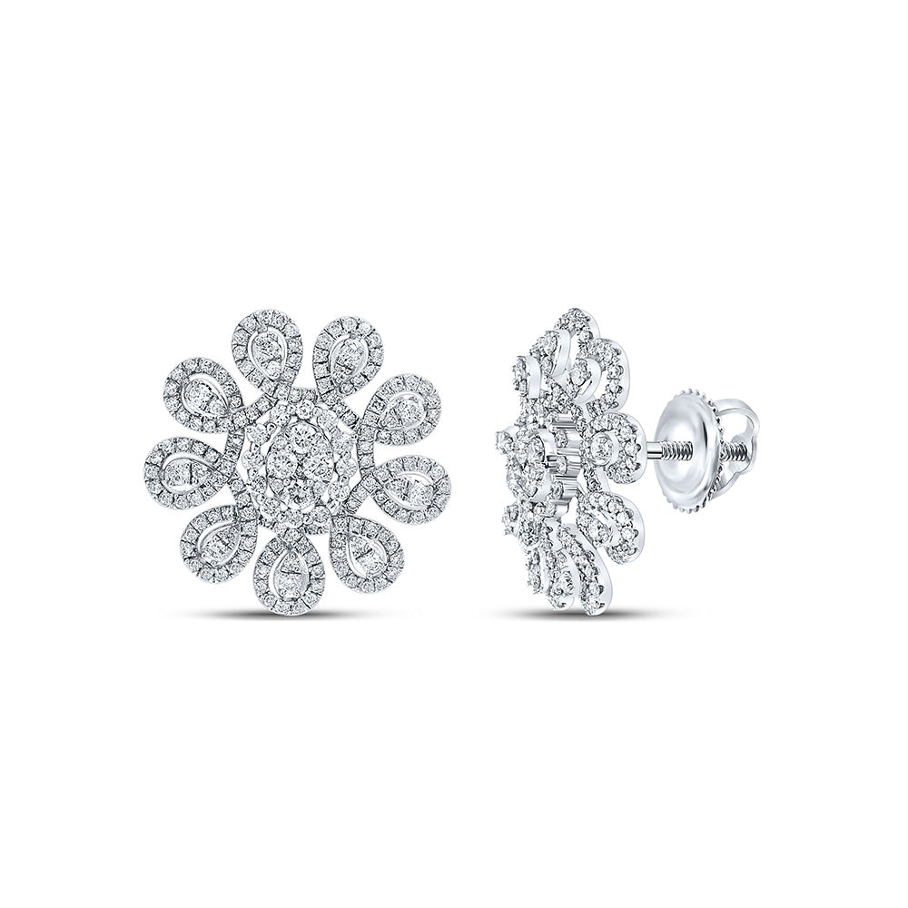 14kt White Gold Womens Round Diamond Starburst Cluster Earrings 1-7/8 Cttw