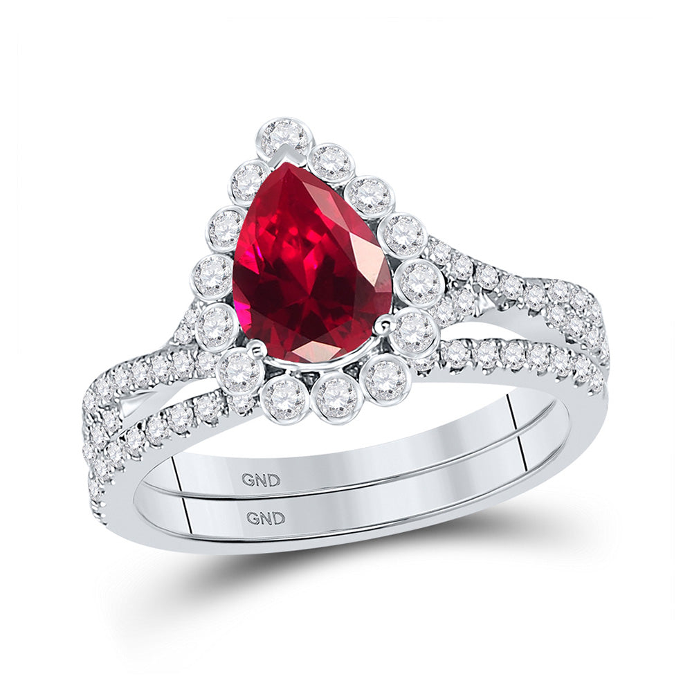 14kt White Gold Pear Ruby Diamond Solitaire Bridal Wedding Ring Band Set 1-7/8 Cttw