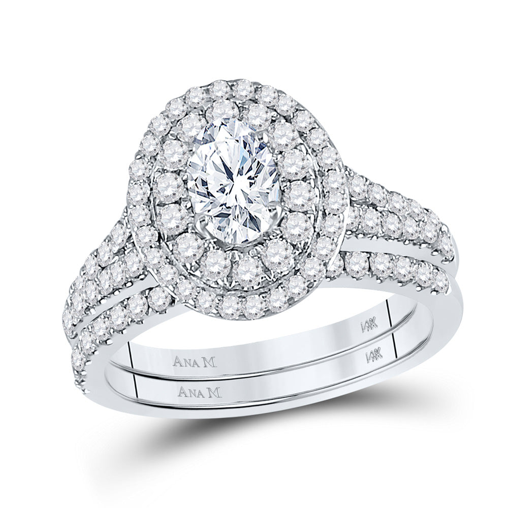 14kt White Gold Oval Diamond Bridal Wedding Ring Band Set 1-1/2 Cttw