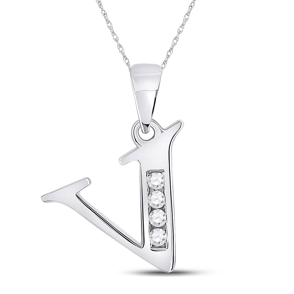 10kt White Gold Womens Round Diamond V Initial Letter Pendant 1/20 Cttw