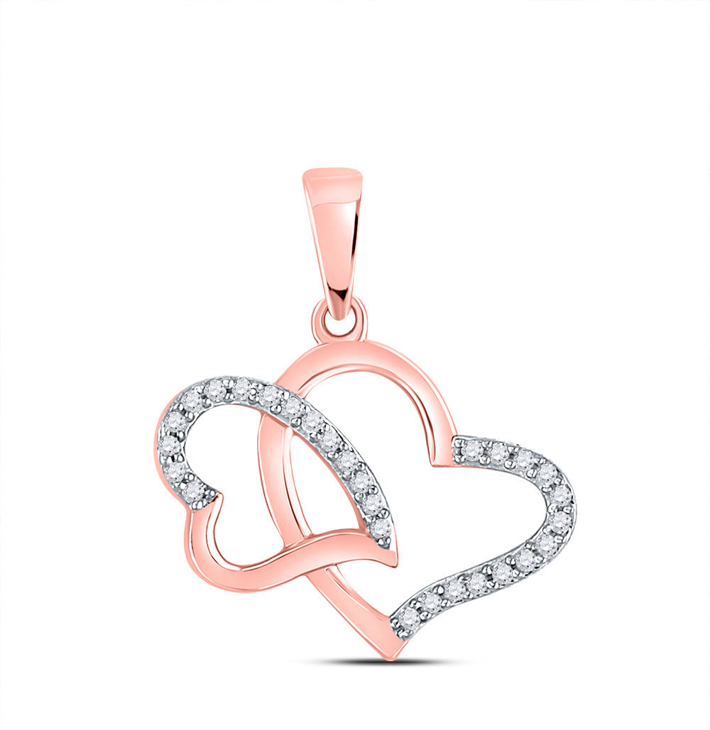 10kt Rose Gold Womens Round Diamond Double Heart Pendant 1/6 Cttw