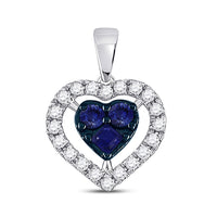 Load image into Gallery viewer, 10kt White Gold Womens Round Blue Sapphire Diamond Heart Pendant 1/2 Cttw
