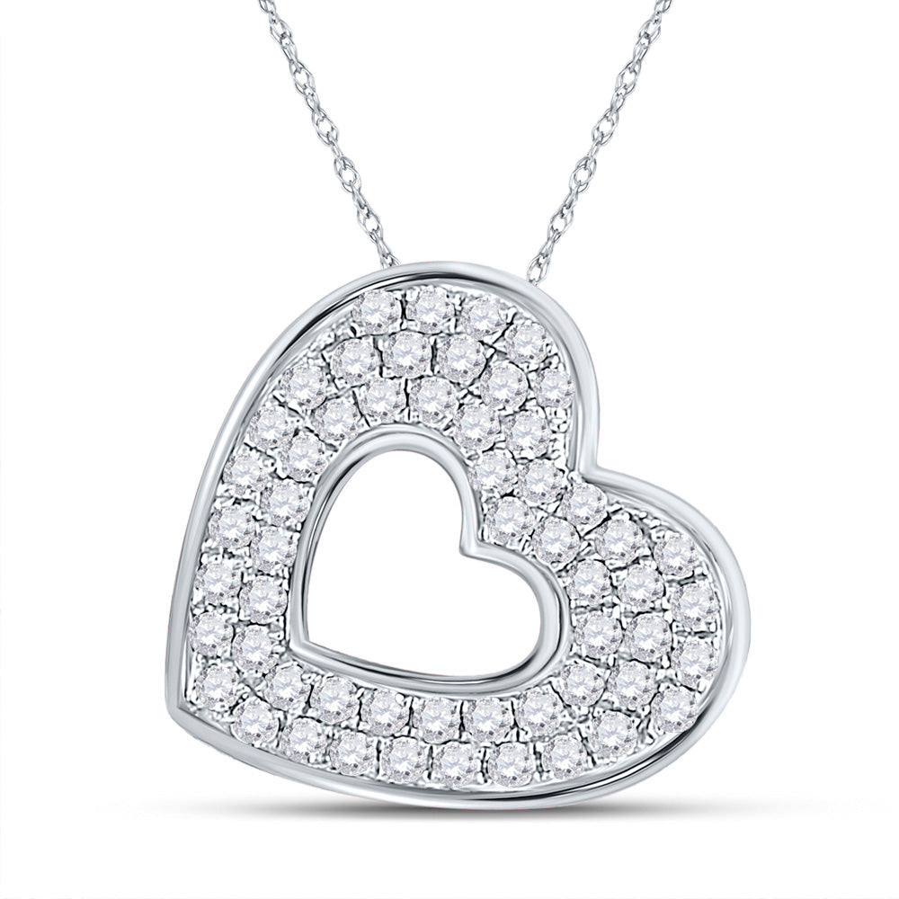 10kt White Gold Womens Round Diamond Heart Pendant 1/3 Cttw