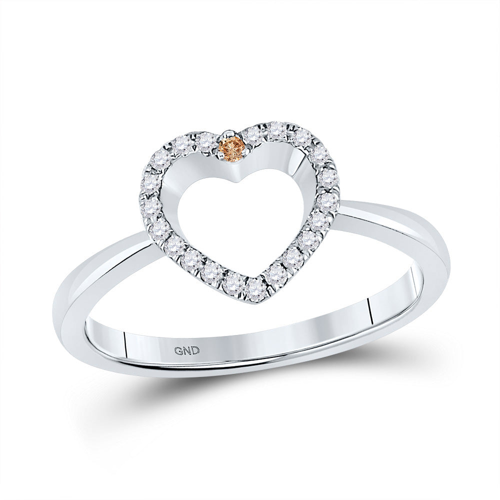 10kt White Gold Womens Round Brown Diamond Heart Ring 1/6 Cttw